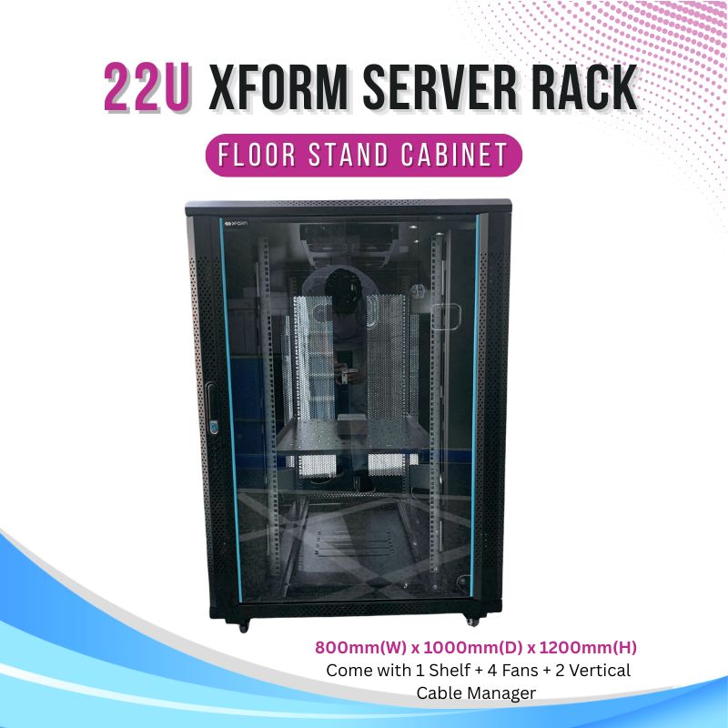 XFORM Floor Stand Server Rack Cabinet (22U) 800mm (W) x 1000mm (D) x 1200mm (H) 22U come with 1 Shelf + 4 Fan + 2 Vertical cable Manager - product cover p1