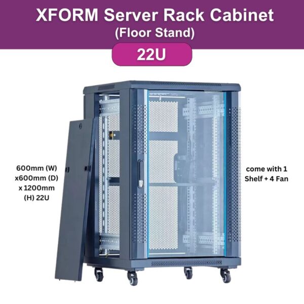 XForm Floor Stand Server Rack Cabinet (22U) 600mm (W) x 600mm (D) x 1200mm (H) 22U come with 1 Shelf + 2 Fan - feature photo p1