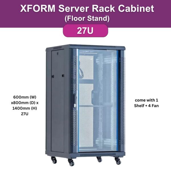 XForm Floor Stand Server Rack Cabinet (27U) 600mm (W) x 800mm (D) x 1400mm (H) 27U come with 1 Shelf + 4 Fan - feature photo 1