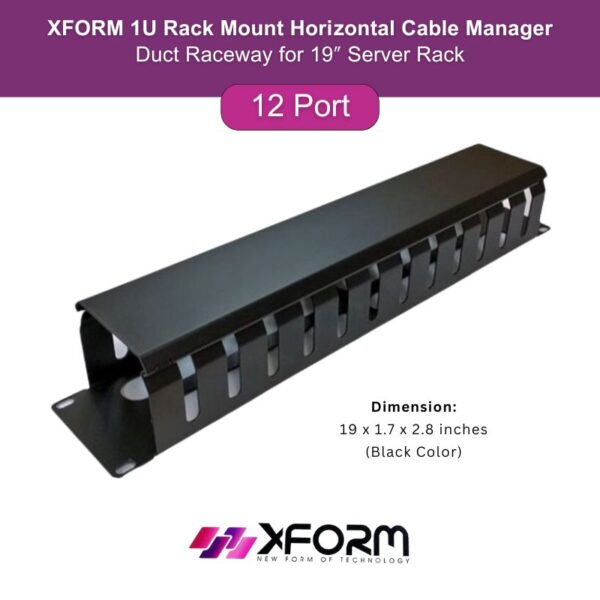 XFORM 1U 12 Port Rack Mount Horizontal Cable Manager Duct Raceway for 19″ Server Rack - feature photo