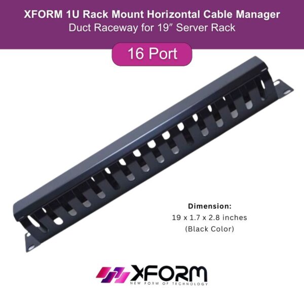 XFORM 1U 16Port Rack Mount Horizontal Cable Manager Duct Raceway for 19″ Server Rack - feature photo