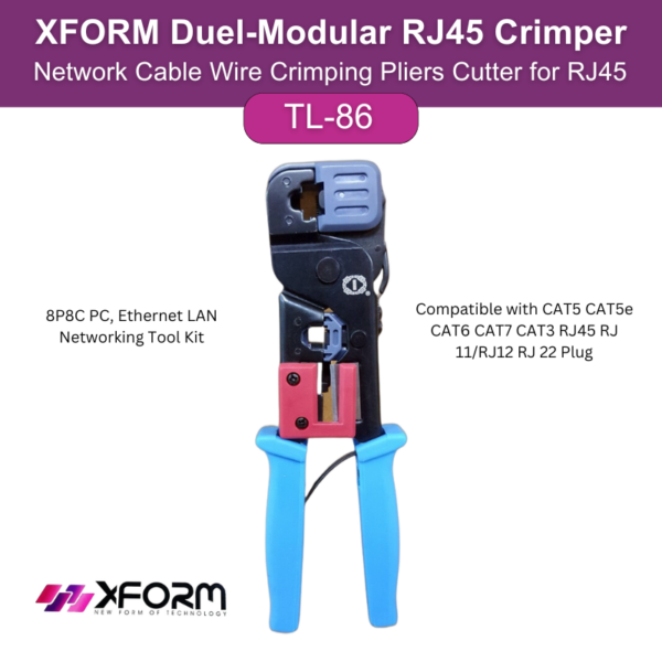 XFORM Duel-Modular RJ45 Crimper Network Cable Wire Crimping Pliers Cutter for RJ45 8P8C PC, Ethernet LAN Networking Tool Kit – Compatible with CAT5 CAT5e CAT6 CAT7 CAT3 RJ45 RJ 11RJ12 RJ 22 Plug -