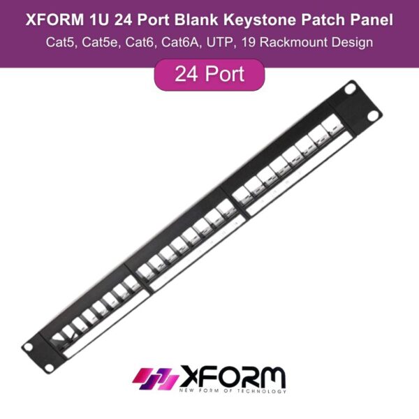 XForm 1U 24-Port Blank Keystone Patch Panel, Cat5, Cat5e, Cat6, Cat6A, UTP, 19 Rackmount Design - feature photo