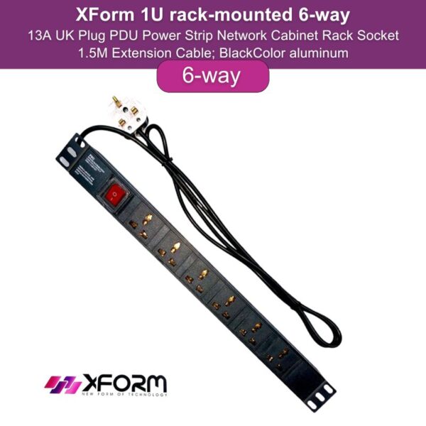 XForm 1U rack-mounted 6-way;13A UK Plug PDU Power Strip Network Cabinet Rack Socket; 1.5M Extension Cable; BlackColor aluminum - feature photo - 1