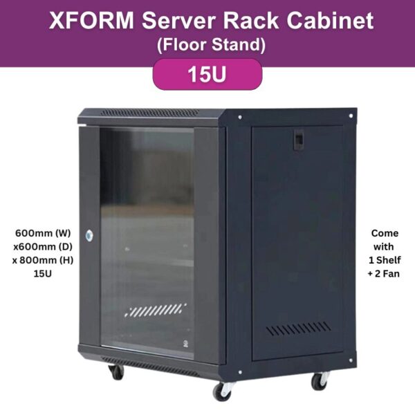 XForm Floor Stand Server Rack Cabinet 600mm W x600mm D x 800mm H 15U Come with 1 Shelf + 2 Fan - feature photo p1