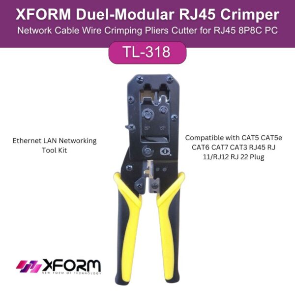 XForm RJ45 Crimper Network Cable Wire Crimping Pliers Cutter for RJ45 8P8C PC, Ethernet LAN Networking Tool Kit – Compatible with CAT5 CAT5e CAT6 CAT7 CAT3 RJ45 RJ 11RJ12 RJ 22 Plug - feature pho