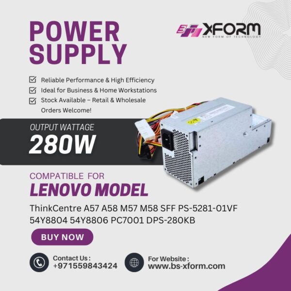 Power Supply 280 Watt Compatible For Lenovo Model ThinkCentre A57 A58 M57 M58 SFF PS-5281-01VF 54Y8804 54Y8806 PC7001 DPS-280KB - cover photo