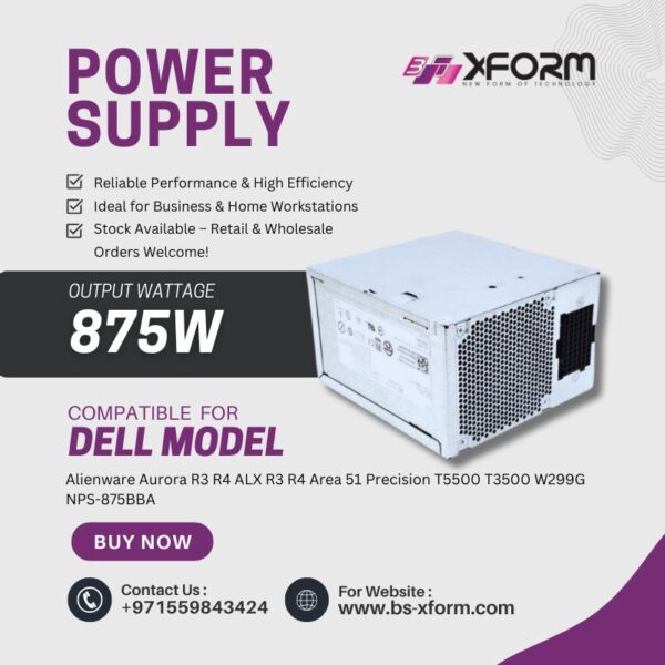 Power Supply 875 Watt Compatible For Dell Model Alienware Aurora R3 R4 ALX R3 R4 Area 51 Precision T5500 T3500 W299G NPS-875BBA - cover photo