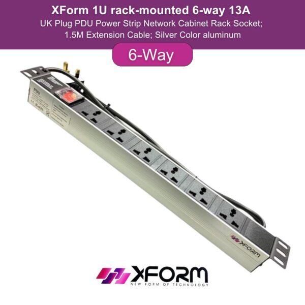 XForm 1U rack-mounted 6-way 13A UK Plug PDU Power Strip Network Cabinet Rack Socket; 1.5M Extension Cable; Silver Color aluminum - feature photo