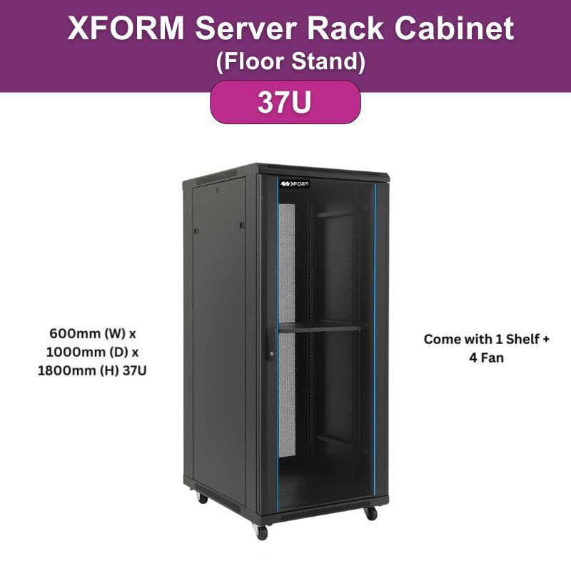 XForm Floor Stand 37U 600×1000 Server Rack Cabinet 600mm (W) x 1000mm (D) x 1800mm (H) 37U Come with 1 Shelf + 4 Fan - cover - photo - 1