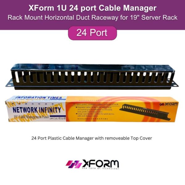 XForm 1U 24 port Cable Manager Rack Mount Horizontal Duct Raceway for 19 Server Rack 24 Port Plastic Cable Manager with removeable Top Cover - feature photo