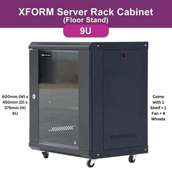 XForm Floor Stand Cabinet Server Rack 9U 600mm W x 450mm D x 575mm H Come with 1 Shelf + 1 Fan +4 Wheel - featured photo 1